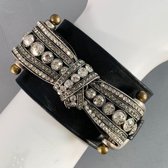 VINTAGE Black Leather Rhinestones Bow Cuff Bracelet - Picture 1 of 3